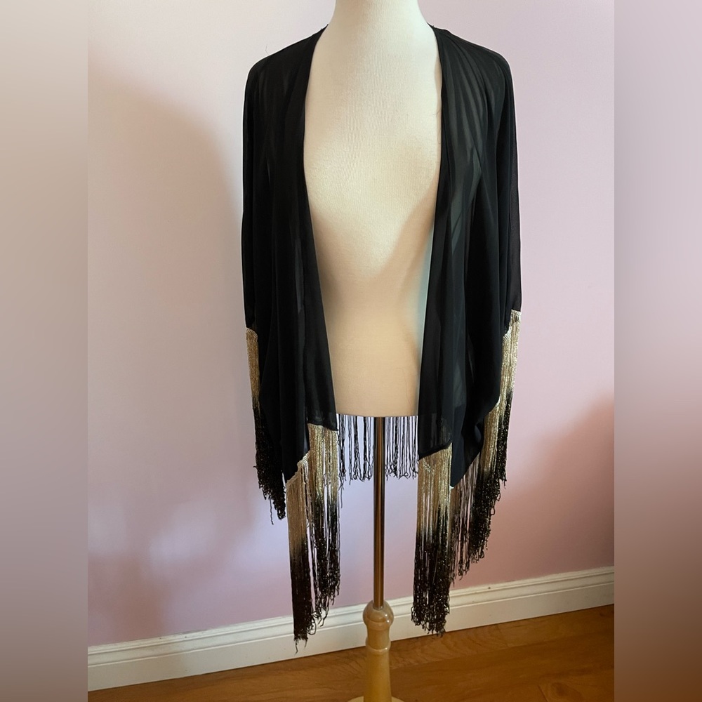 Honey Punch Black Sheer Coverup/ Duster with Gold Fringe